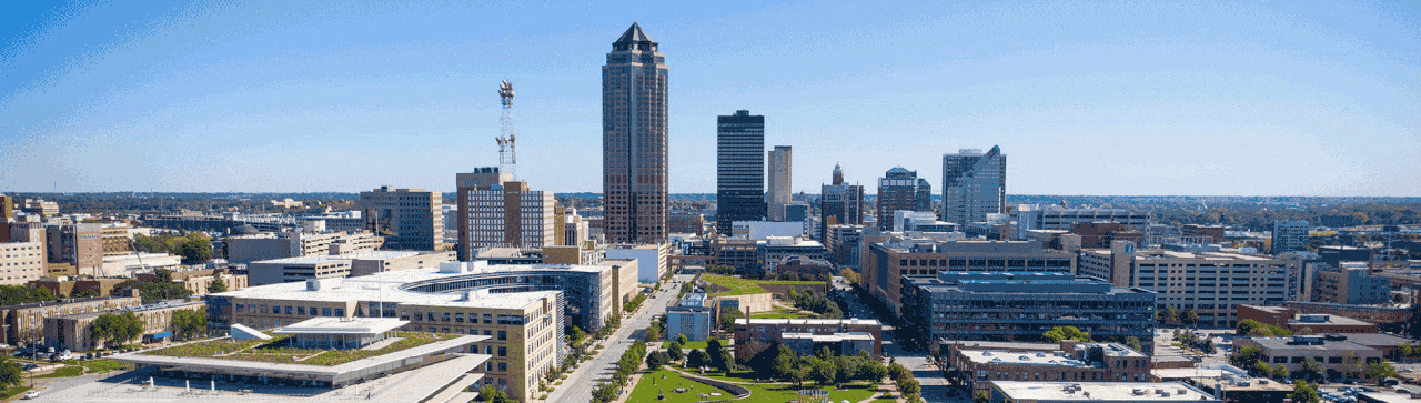 An image of the skyline of downtown Des Moines, Iowa.